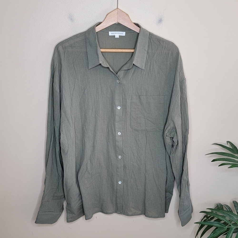 Mod Boutique Dusty Sage Green Crinkled Button Front Shirt Size Large